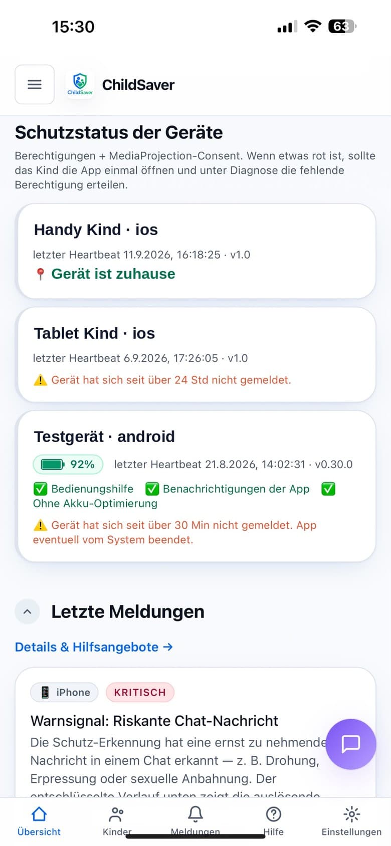 Eltern-Dashboard von ChildSaver auf dem Smartphone: Schutzstatus der gekoppelten Geräte