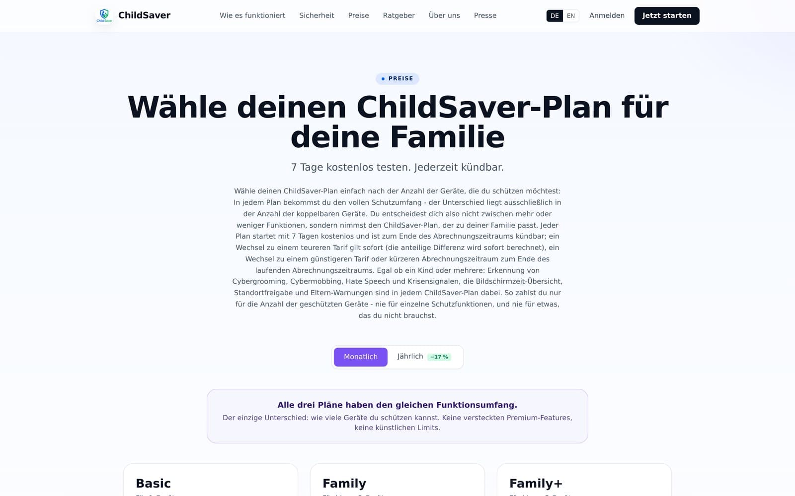 ChildSaver: Pricing-Seite mit klaren Plänen und kostenloser Testphase