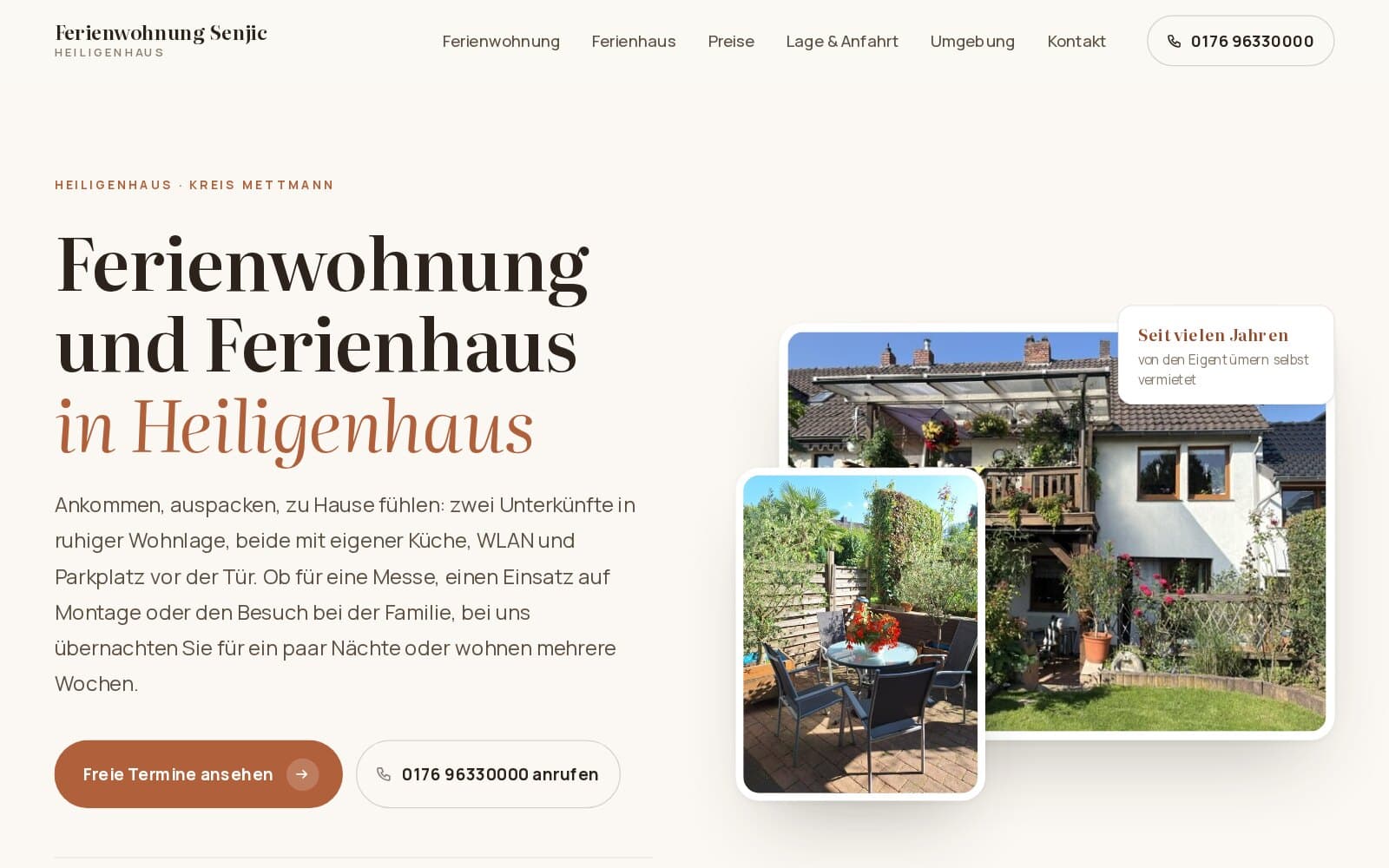Ferienwohnung Senjic: Website mit eigenem Buchungssystem – Screenshot der Live-Website fewo-heiligenhaus.de