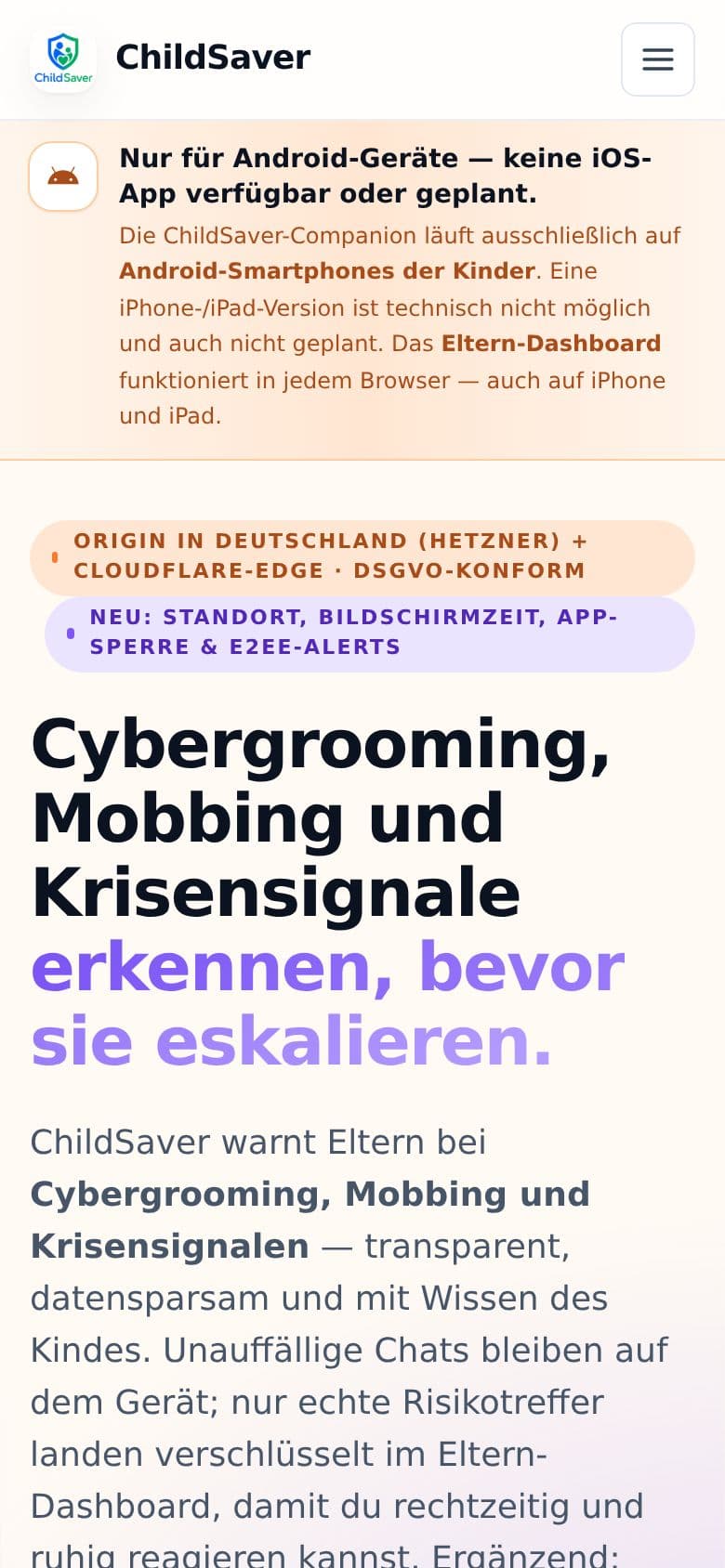 Mobile Ansicht von ChildSaver: Startseite auf dem Smartphone