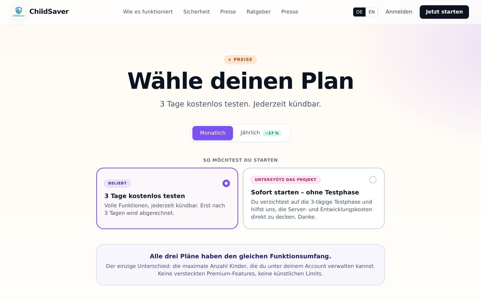 ChildSaver: Pricing-Seite mit klaren Plänen und kostenloser Testphase