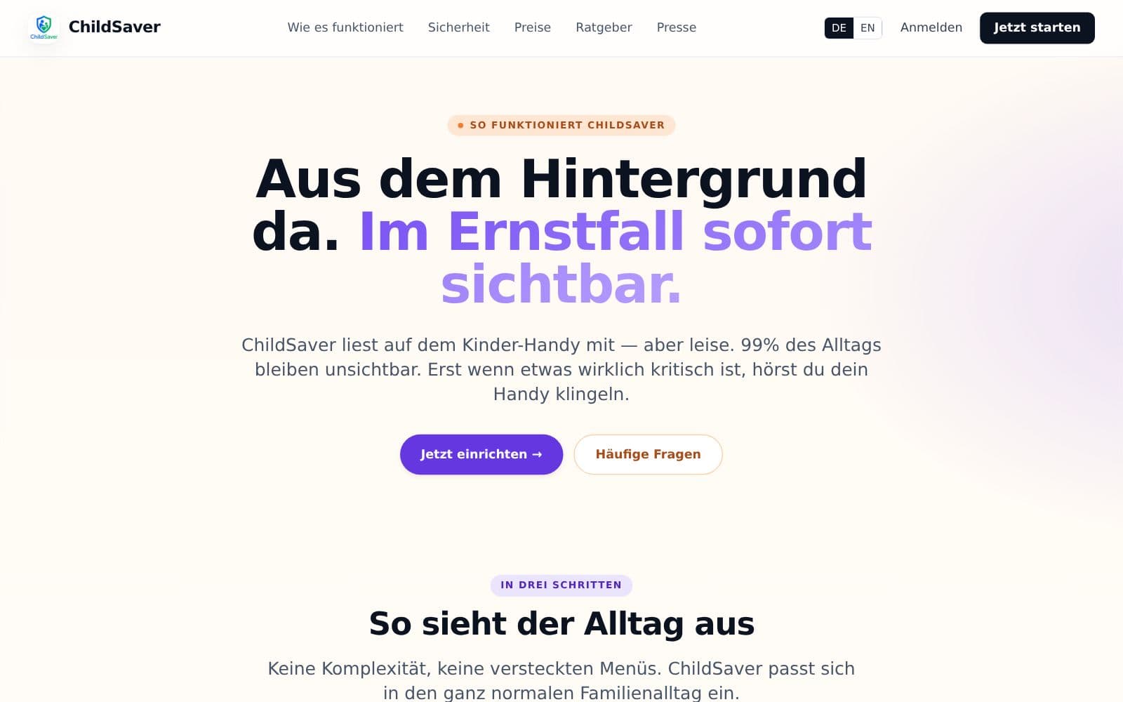 ChildSaver, Seite Wie es funktioniert: aus dem Hintergrund da, im Ernstfall sichtbar