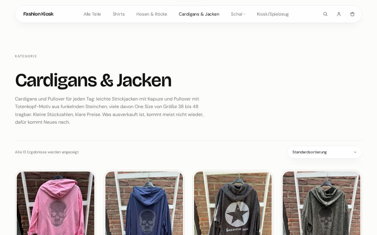 Kategorieseite Cardigans & Jacken im Fashion Kiosk mit Beschreibungstext und Produktraster