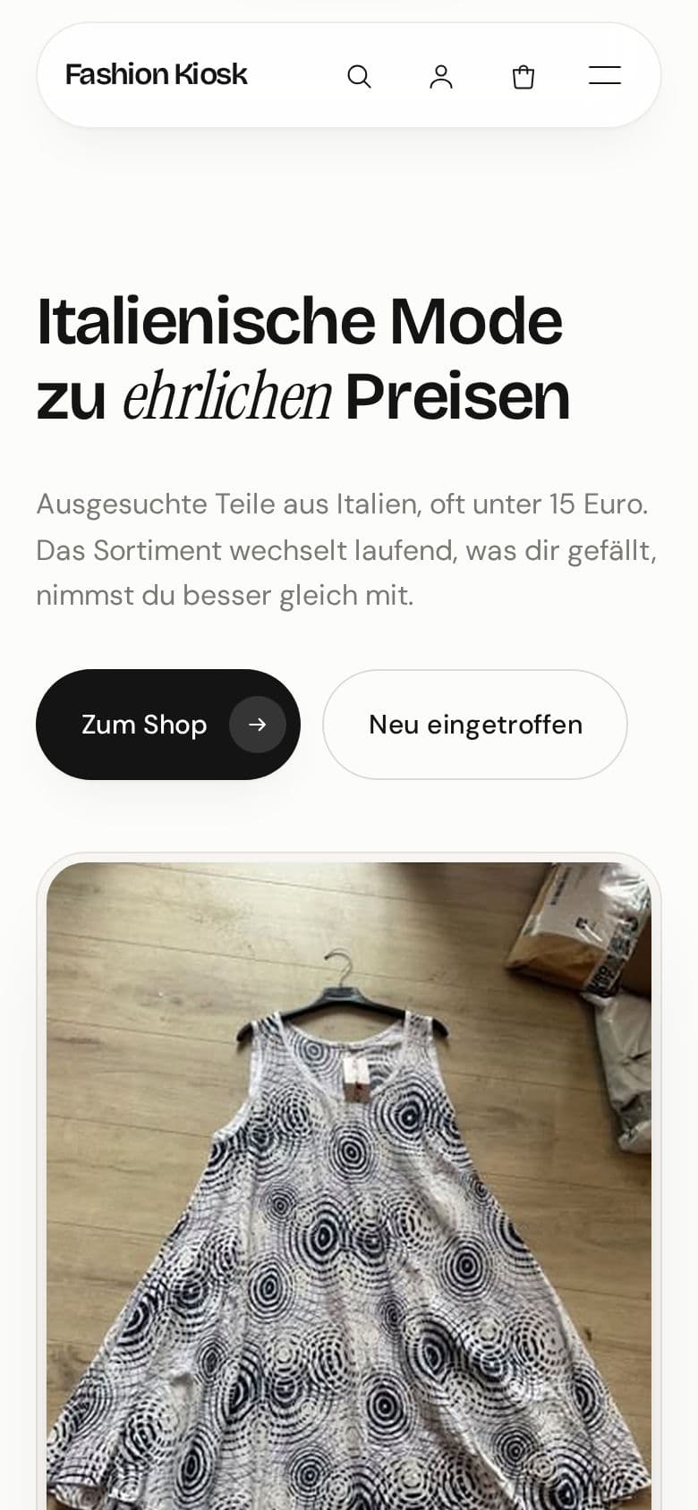 Startseite von Fashion Kiosk auf dem Smartphone mit der Überschrift Italienische Mode zu ehrlichen Preisen