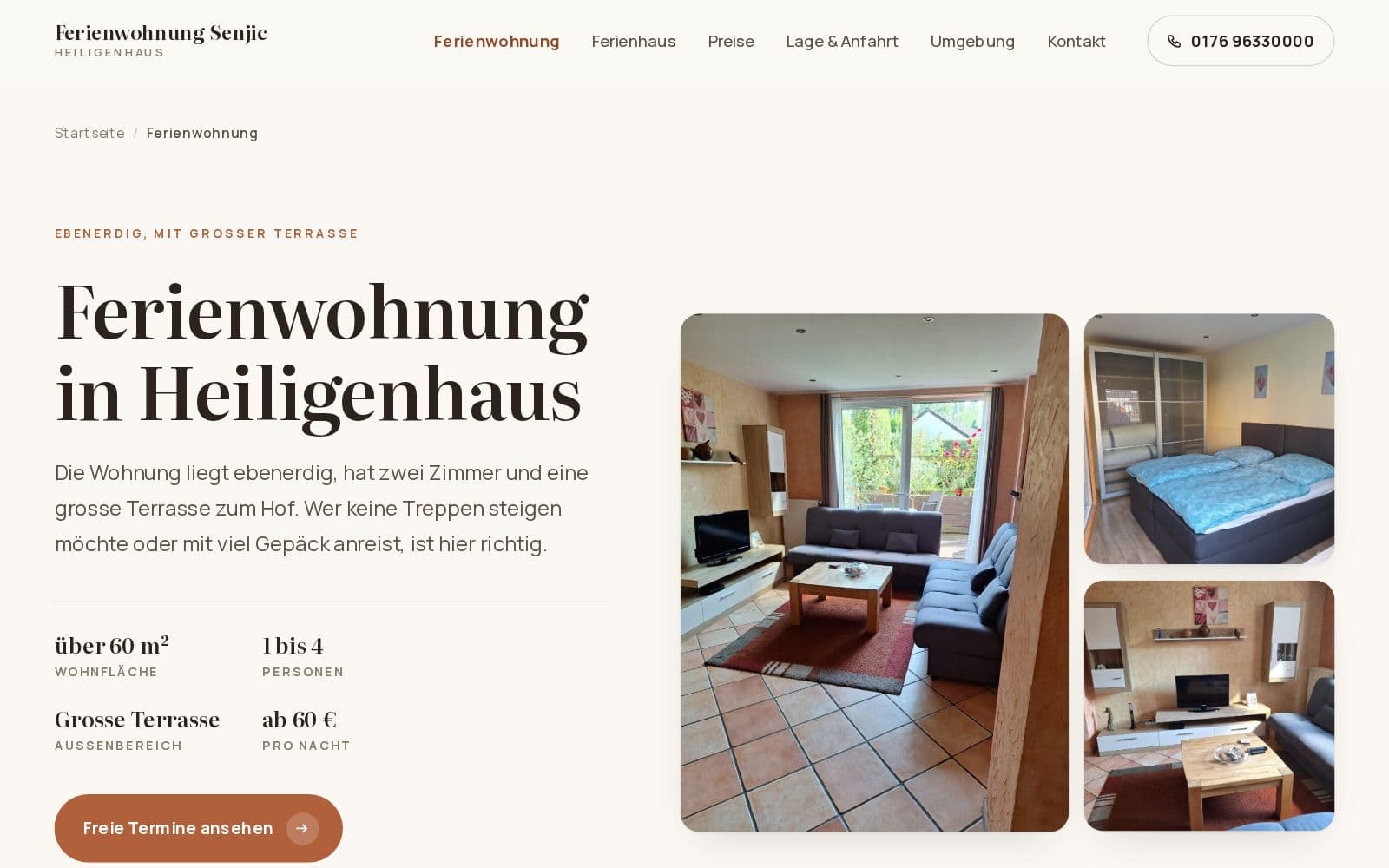 Seite der Ferienwohnung Senjic mit der Überschrift Ferienwohnung in Heiligenhaus, Eckdaten und drei Fotos der Wohnung