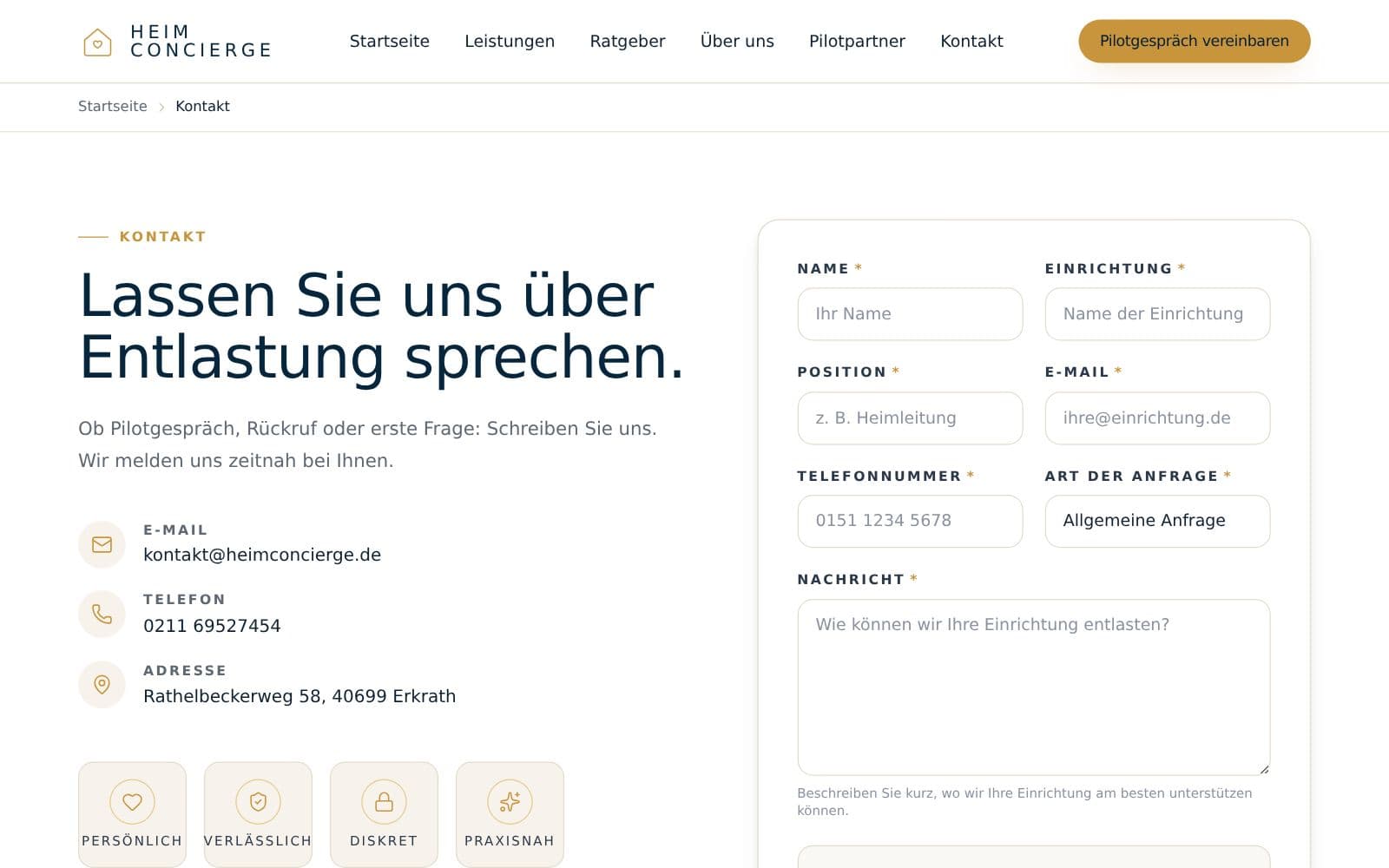 Kontakt-/Anfrageseite von Heim Concierge – strukturiertes B2B-Anfrageformular für Pflegeeinrichtungen