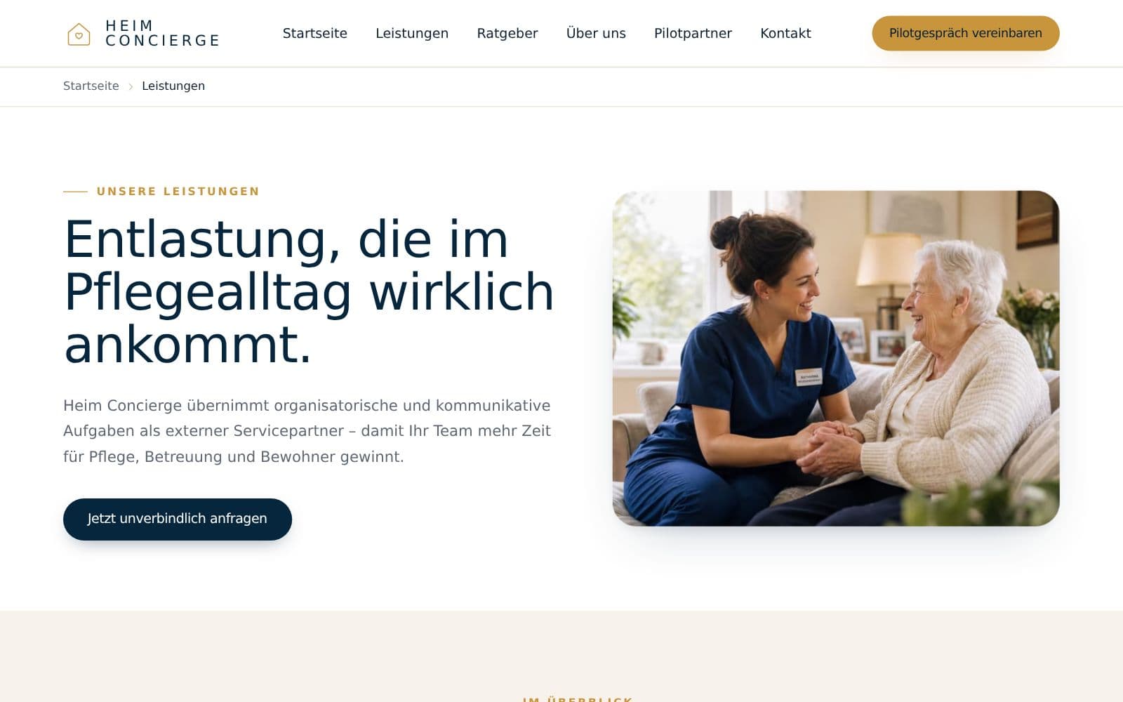 Leistungen-Seite von Heim Concierge – Entlastung, die im Pflegealltag wirklich ankommt