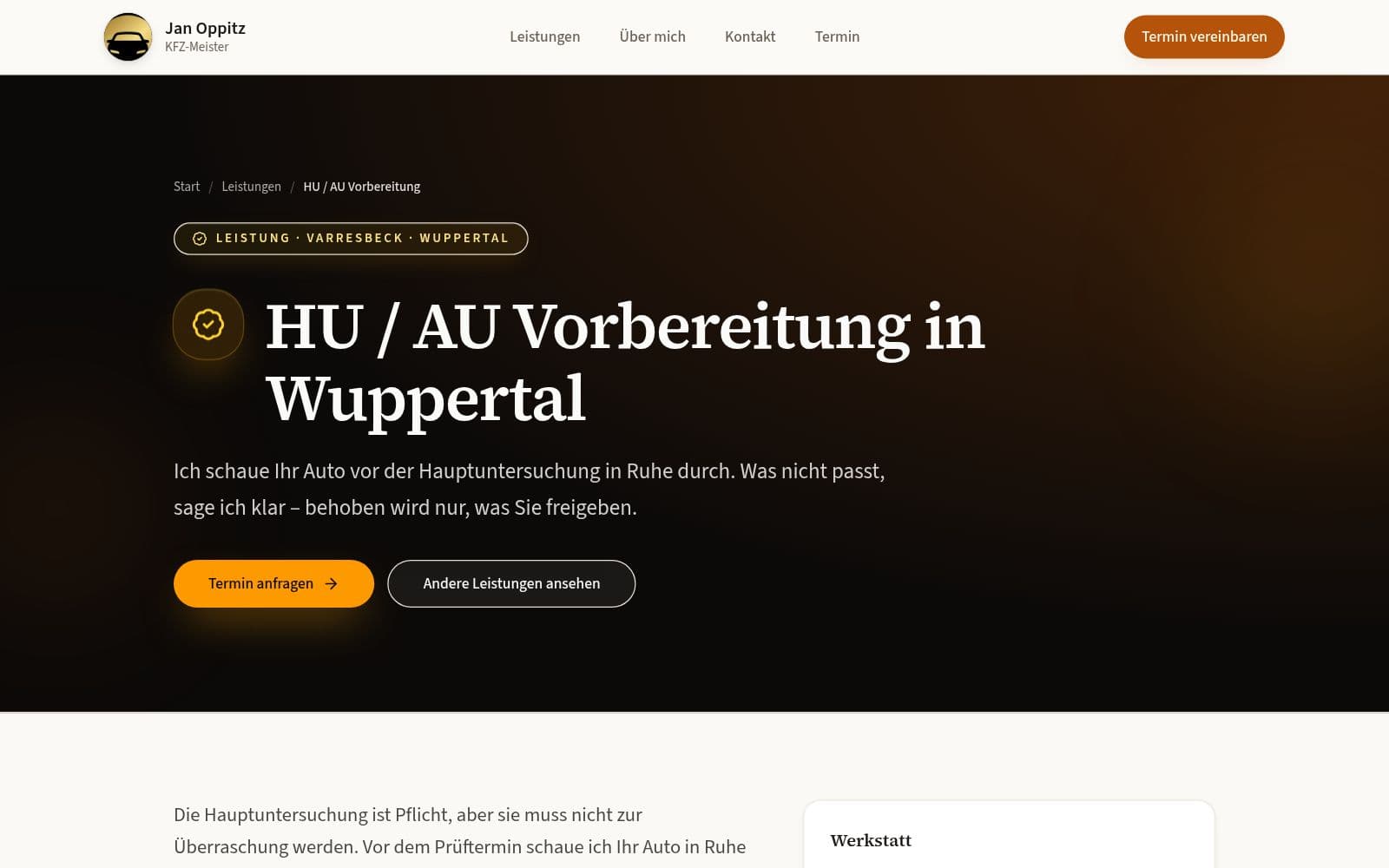 Leistungsseite HU/AU-Vorbereitung auf kfz-oppitz.de mit Brotkrumenpfad, Überschrift HU / AU Vorbereitung in Wuppertal und Button Termin anfragen