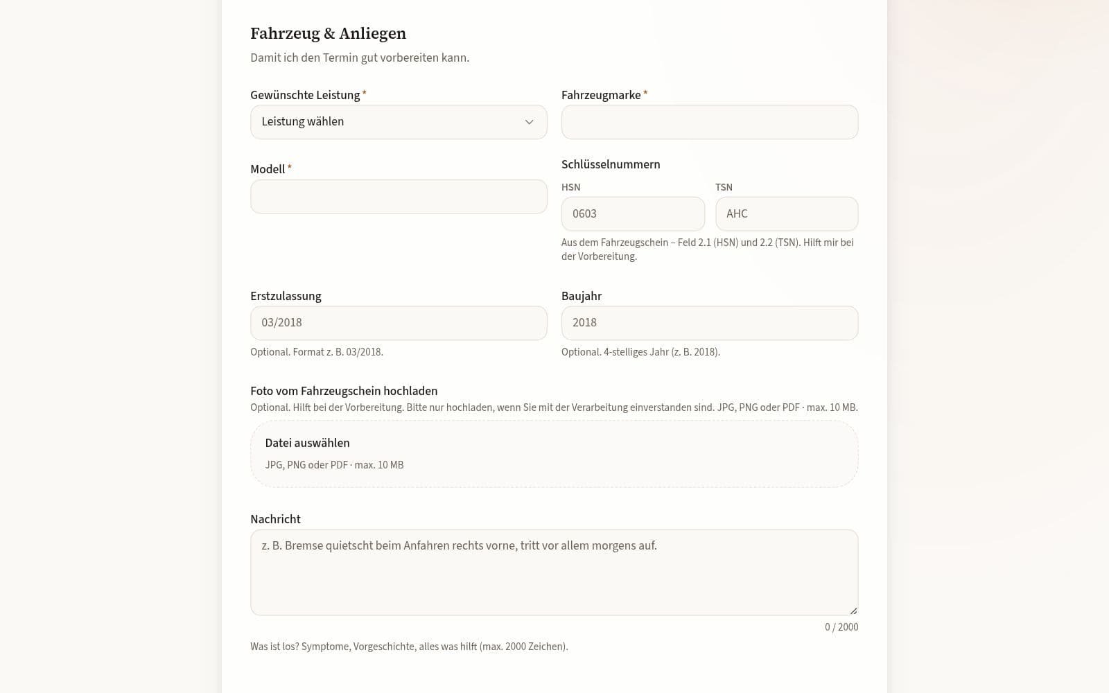 Terminanfrage auf kfz-oppitz.de mit Feldern für Leistung, Fahrzeugmarke, Modell, HSN, TSN, Erstzulassung, Baujahr, Fahrzeugschein-Upload und Nachricht