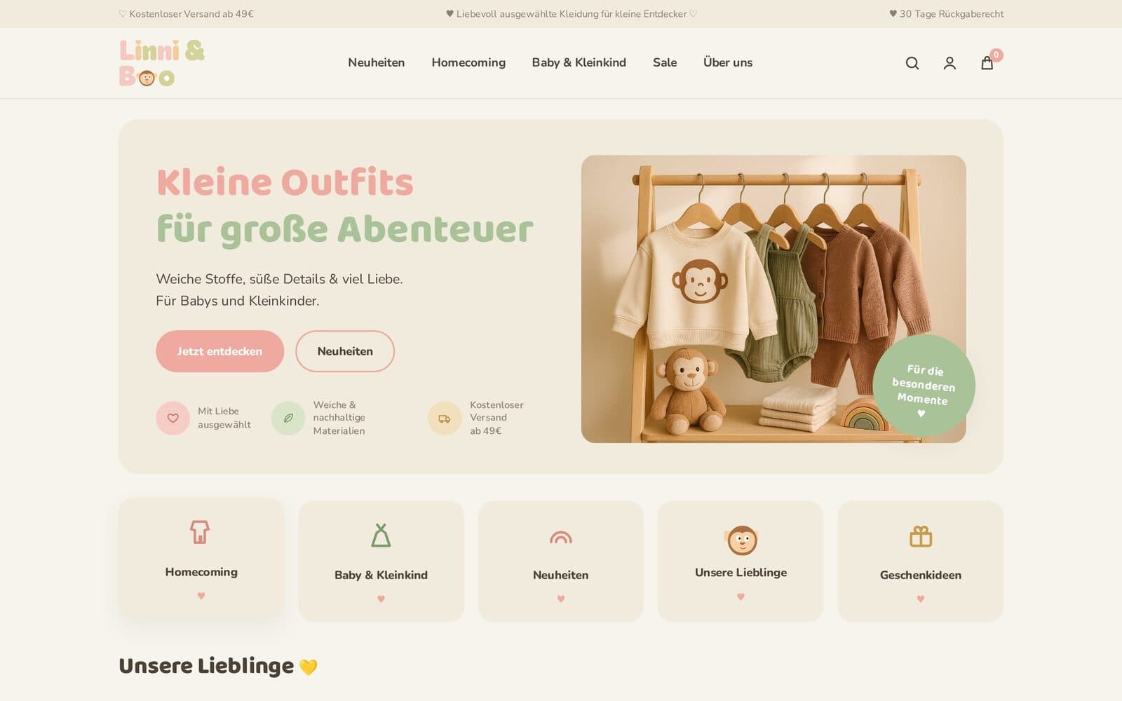 Linni & Boo: Onlineshop für Babymode – Screenshot der Live-Website linniandboo.de