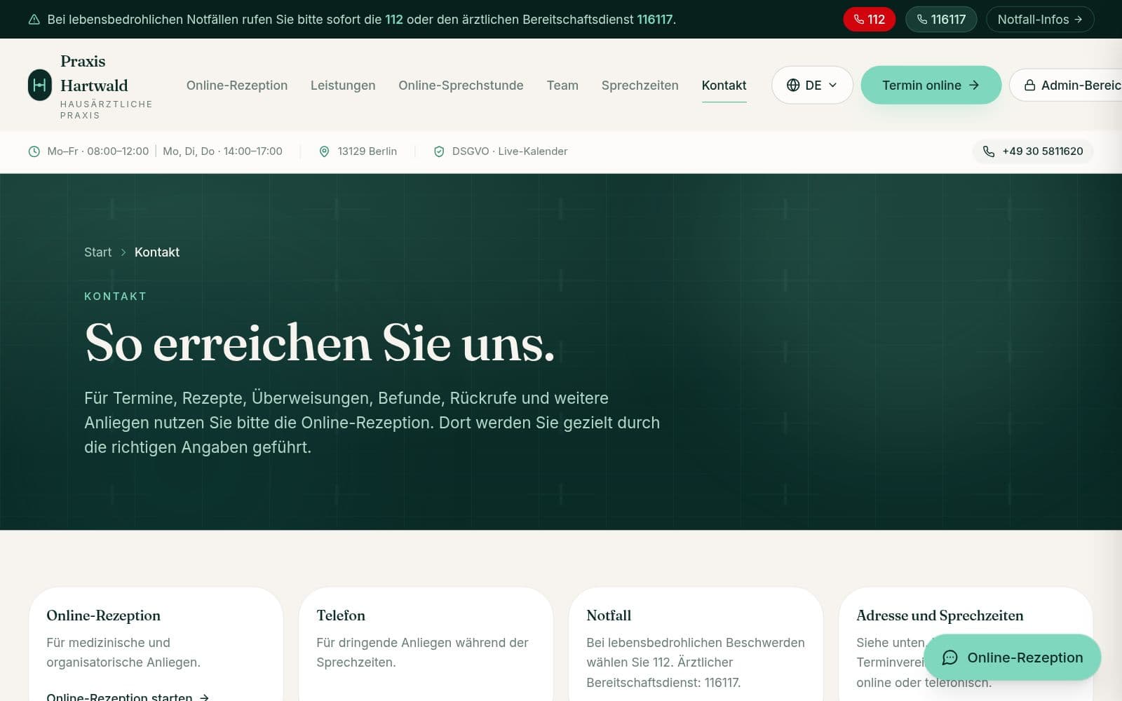 Kontakt-Seite der Praxis-Hartwald-Demo – So erreichen Sie uns, mit klarer Online-Rezeption
