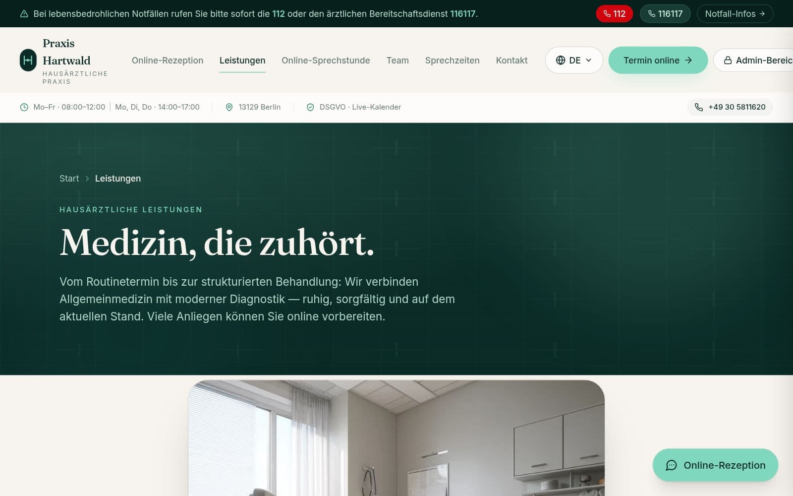 Leistungen-Seite der Praxis-Hartwald-Demo – Medizin, die zuhört