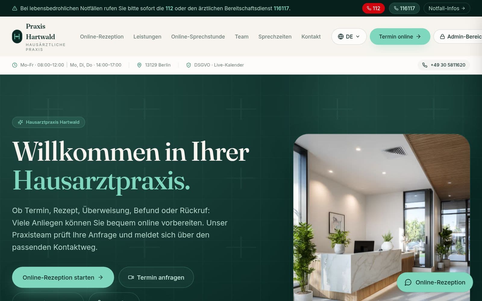 Startseite der Praxis-Hartwald-Demo – Willkommen in Ihrer Hausarztpraxis, mit Online-Rezeption und Termin